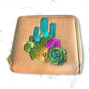 Cute Small Catchfly Cactus Embroidered brown Wallet